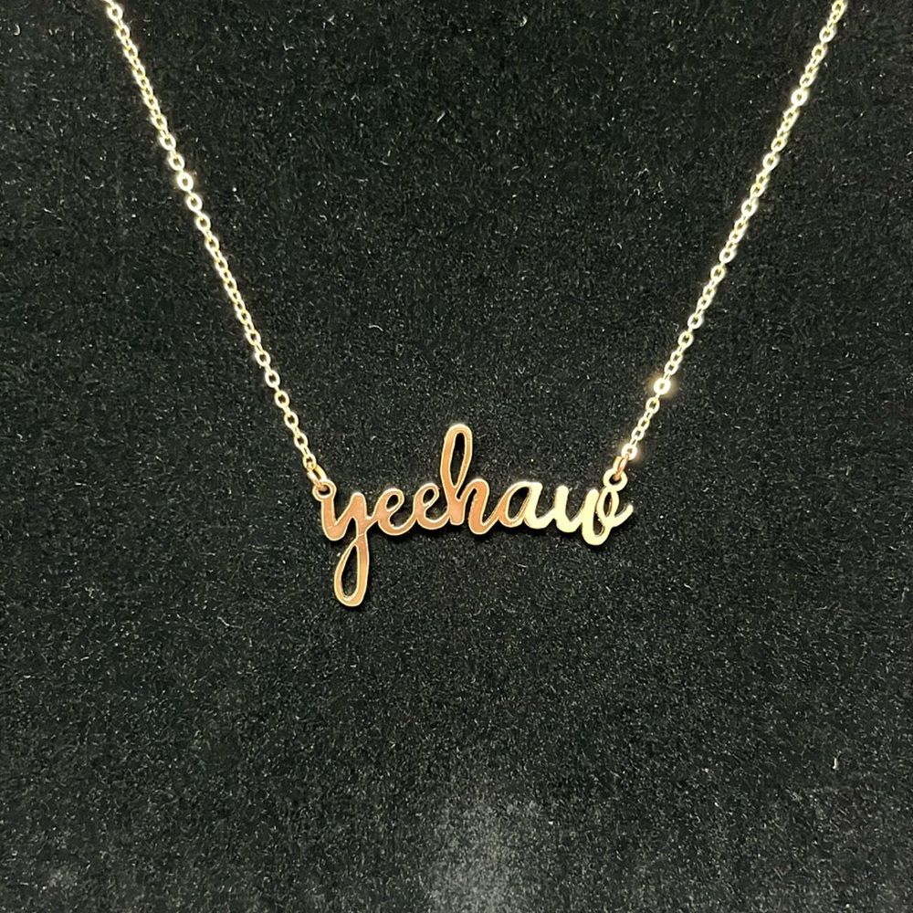 Gold tone yeehaw cursive scripture country western cowgirl rodeo necklace - Picture 4 of 11